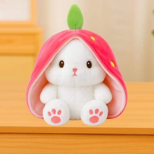 Audbot 25Cm Strawberry Bunny Plush Toy, Soft Stuffed Rabbit With Decorative Cover | Cute Pink & White Plushie For Kids & Room Decor | 2-In-1 Cuddly Pillow