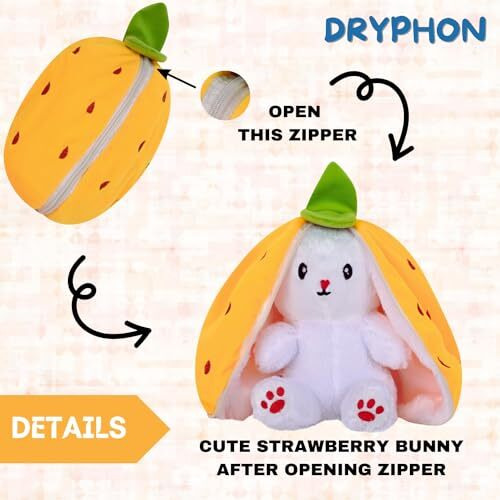 Dryphon Strawberry Rabbit Soft Toys For Girls, Reversible Bunny Plush Toys With Zipper, Cute Plushies Strawberry Bunny Soft Toy, Birthday Gift For Girls & Kids (Strawberry Bunny (Yellow), 30Cm)