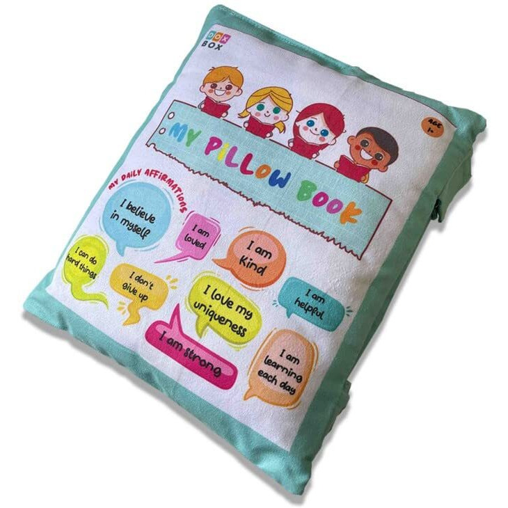 Dox Box My Pillow Book Soft Interactive Learning Experience Hindi-English Alphabet, Vegetables, Emojis 16-In-1 Plush Cotton Pillow (14X12) Inch, Blue