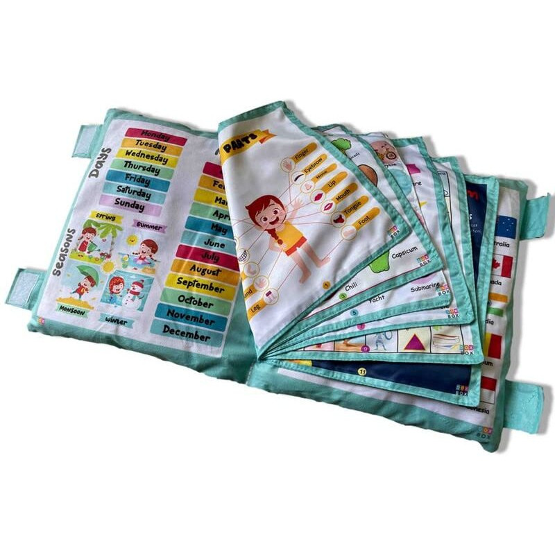 Dox Box My Pillow Book Soft Interactive Learning Experience Hindi-English Alphabet, Vegetables, Emojis 16-In-1 Plush Cotton Pillow (14X12) Inch, Blue