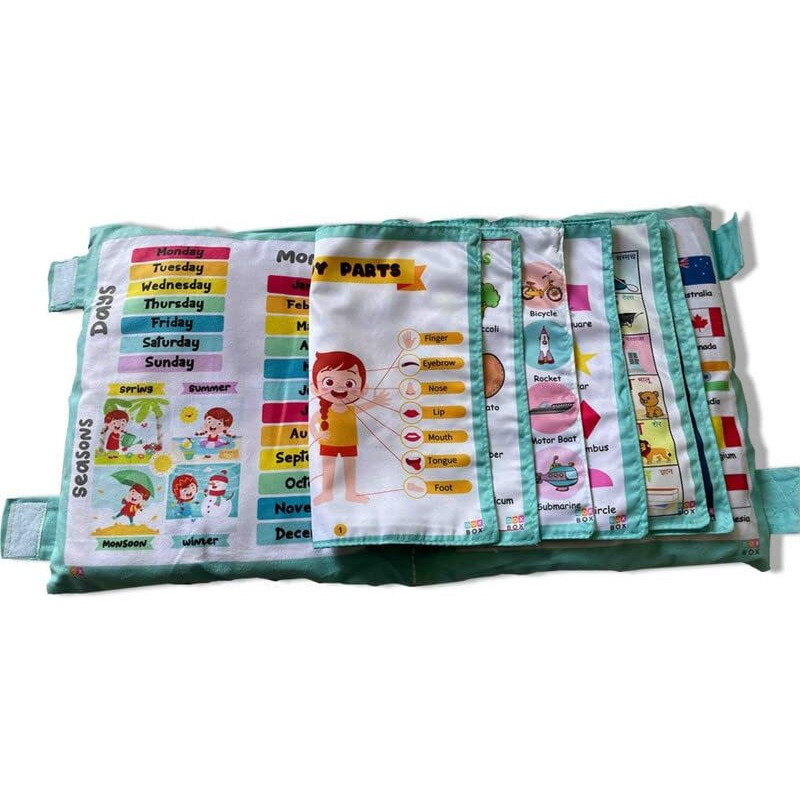 Dox Box My Pillow Book Soft Interactive Learning Experience Hindi-English Alphabet, Vegetables, Emojis 16-In-1 Plush Cotton Pillow (14X12) Inch, Blue