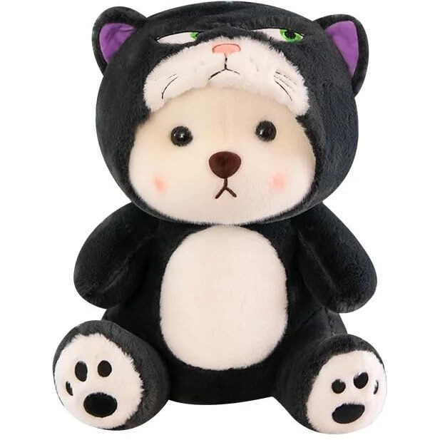 Y U Collection Plush Bear In Cat Costume, 45 Cm, Black And White, Removable Hooded Design