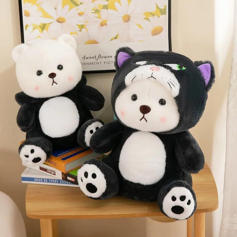 Y U Collection Plush Bear In Cat Costume, 45 Cm, Black And White, Removable Hooded Design