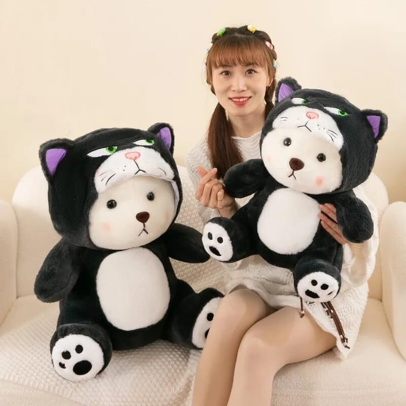 Y U Collection Plush Bear In Cat Costume, 45 Cm, Black And White, Removable Hooded Design