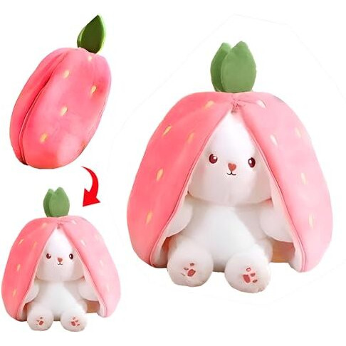 The Future Reversible Carrot Strawberry Bunny Plush Toy - Cute & Versatile Stuffed Animal With Zipper - Soft Rabbit Toy, Pillow & Decorative Gift For Kids And Adults