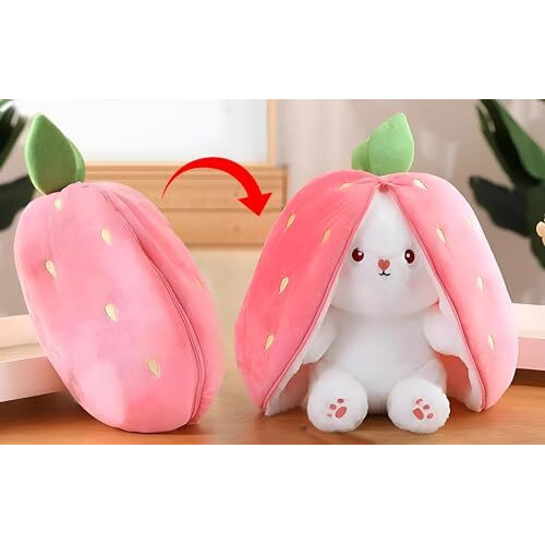The Future Reversible Carrot Strawberry Bunny Plush Toy - Cute & Versatile Stuffed Animal With Zipper - Soft Rabbit Toy, Pillow & Decorative Gift For Kids And Adults