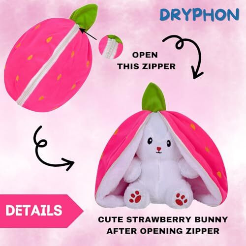 Dryphon Strawberry Rabbit Soft Toys For Girls, Reversible Bunny Plush Toys With Zipper, Cute Plushies Strawberry Bunny Soft Toy, Birthday Gift For Girls & Kids (Strawberry Bunny (Pink), 30Cm)