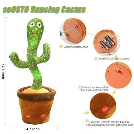 Seosto Cactus Dancer, Electronic Talking Plush Toy, Dancing Cactus With 120 Songs