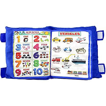 Adkd Kid's Learning Pillow Cum Book With English And Hindi Alphabets, Numbers, Animals Names Learning For Kids Cushion Book (Blue)