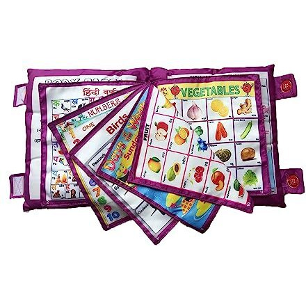 Adkd Kid's Learning Pillow Cum Book With English And Hindi Alphabets, Numbers, Animals Names Learning For Kids Cushion Book (Purple)