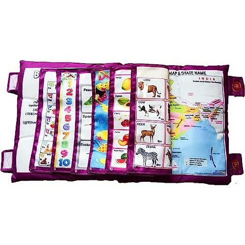 Adkd Kid's Learning Pillow Cum Book With English And Hindi Alphabets, Numbers, Animals Names Learning For Kids Cushion Book (Purple)