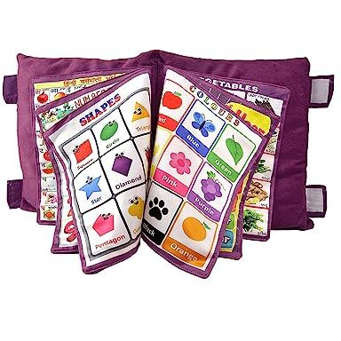 Adkd Kid's Learning Pillow Cum Book With English And Hindi Alphabets, Numbers, Animals Names Learning For Kids Cushion Book (Purple)