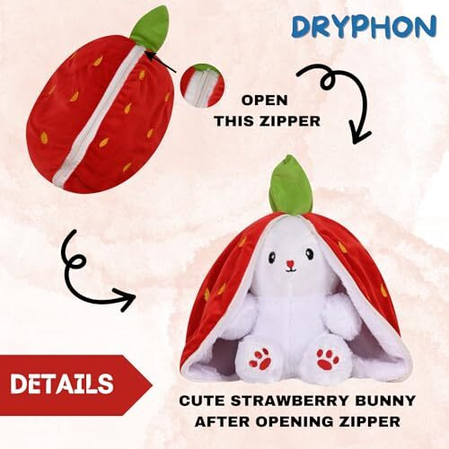Dryphon Strawberry Rabbit Soft Toys For Girls, Reversible Bunny Plush Toys With Zipper, Cute Plushies Strawberry Bunny Soft Toy, Birthday Gift For Girls & Kids (Strawberry Bunny (Red), 30Cm)