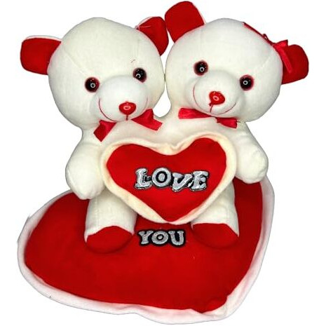 Dikang Cute Joint Couple Teddy Bear With Heart For Valentine's Day Gift | Valentine Gift For Boyfriend/Girlfriend/Husband/Wife - 30Cm (Off- White & Red)
