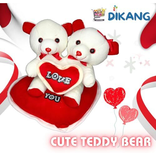 Dikang Cute Joint Couple Teddy Bear With Heart For Valentine's Day Gift | Valentine Gift For Boyfriend/Girlfriend/Husband/Wife - 30Cm (Off- White & Red)