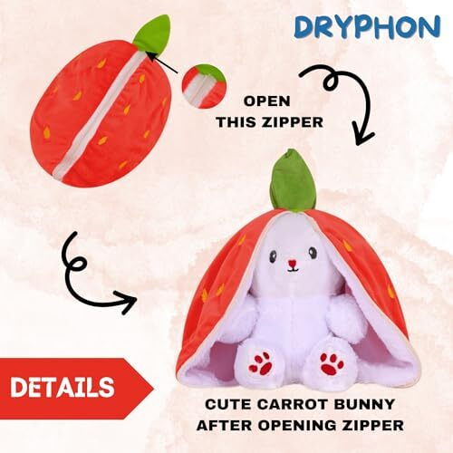 Dryphon Strawberry Rabbit Soft Toys For Girls, Reversible Bunny Plush Toys With Zipper, Cute Plushies Strawberry Bunny Soft Toy, Birthday Gift For Girls & Kids (Strawberry Bunny (Orange), 30Cm)