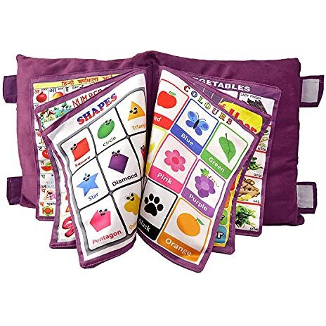 Opina Kid's Learning Pillow Cum Book With English And Hindi Alphabets, Numbers, Animals Names Learning For Kids Velvet Cushion Book (Purple)