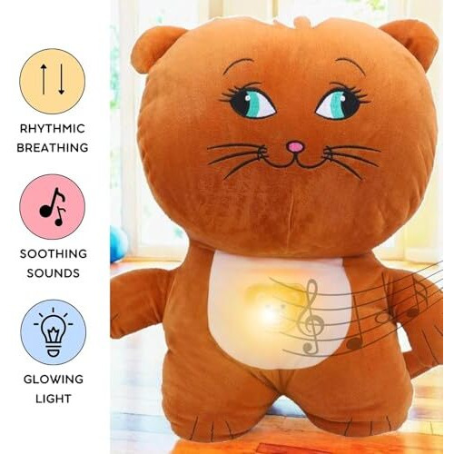 Fusked Flufies Breathing Teddy Soft Toys For Baby Girl And Boy - 25 Cm Sensory Toys And Musical Toys For Kids - Sleeping Teddy Bear With Breathing (Breathing Messenger Cat Combo - Blue And Orange)