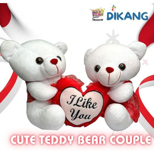 Dikang Cute Couple Teddy Bear With Heart For Valentine's Day Gift | Valentine Gift For Boyfriend/Girlfriend/Husband/Wife (25 Cm, White)
