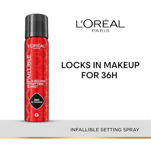 L'Oreal Paris Infaillible 3-Second Setting Mist, Transfer-Proof & Waterproof Setting Spray, Quick Drying, 75Ml