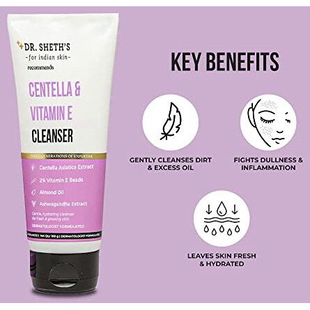 Dr. Sheth's Centella & Vitamin E Cleanser | Ph Balanced, Gently Cleanses & Hydrates | For Normal, Oily & Sensitive Skin | With Almond Oil And Ashwagandha Extract | Men & Women |100 Ml