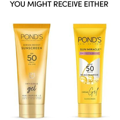Pond's Sun Miracle Spf 50 Pa+++ Crme Gel Sunscreen -Protect & Bright, With 3% Niacinamide, Fade Dark Spots In 4 Weeks, Lightweight, No White Cast 50G, All Skin Type