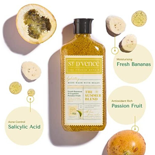 St. DVence Summer Blend Salicylic Acid Body Wash Shower Gel For Women & Men With Fresh Banana & Passionfruit | Paraben & Sls Free | Tan Removal Body Wash For Summer - 300 Ml