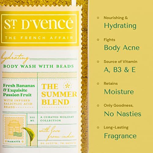 St. DVence Summer Blend Salicylic Acid Body Wash Shower Gel For Women & Men With Fresh Banana & Passionfruit | Paraben & Sls Free | Tan Removal Body Wash For Summer - 300 Ml