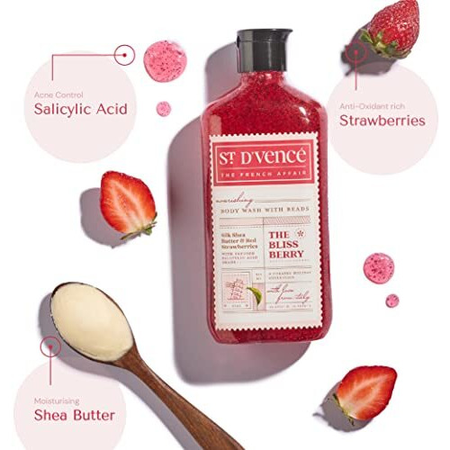 St. DVence Bliss Berry Salicylic Acid Body Wash Shower Gel For Women & Men With Strawberry & Raw Shea Butter | Body Wash For Summer | Tan Removal, Paraben & Sls Free - 300 Ml