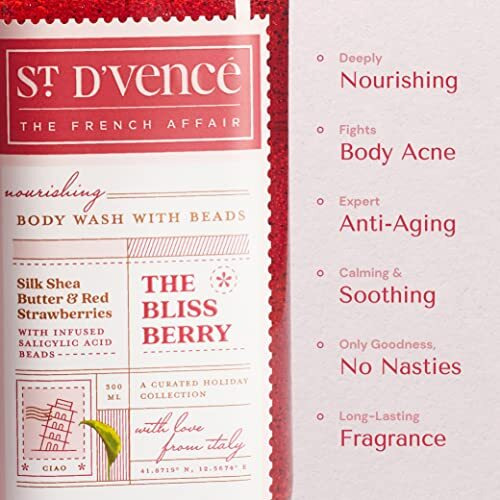St. DVence Bliss Berry Salicylic Acid Body Wash Shower Gel For Women & Men With Strawberry & Raw Shea Butter | Body Wash For Summer | Tan Removal, Paraben & Sls Free - 300 Ml