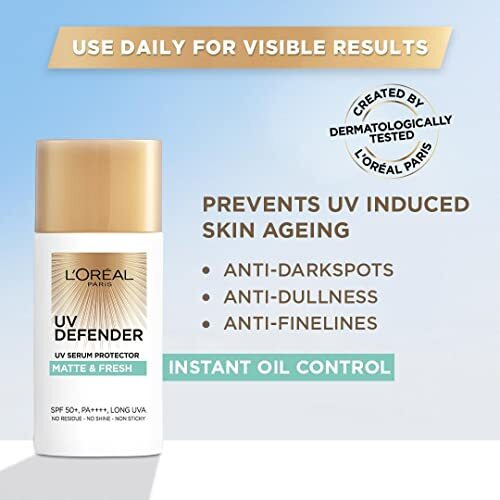 Loreal Paris Sunscreen, Lightweight Matte Sunscreen For Oily Skin, Uva & Uvb Protection, With Spf 50 Pa+++, Matte & Fresh, Uv Defender Serum Protector, 50 Ml