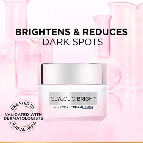 L'Oreal Paris Glycolic Bright Glowing Night Cream, Overnight Brightening Cream, Glycolic Acid In Gel-Like Cream Texture, That Visbily Minimizes Spots & Reveals Glowing Skin, 50Ml