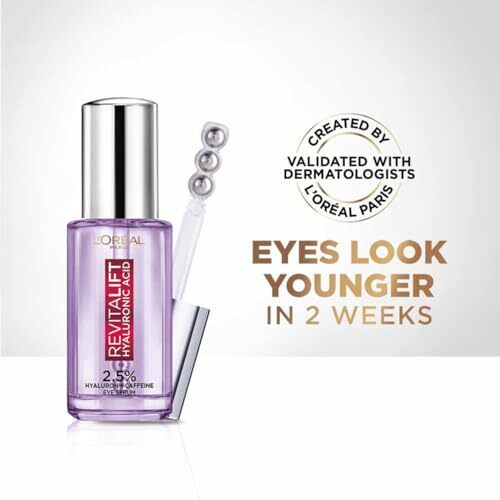 L'Oreal Paris Revitalift Hyaluronic Acid Eye Serum, 20Ml, 1.5% Hyaluronic Acid And 1% Caffeine, Lightweight Texture, Non-Sticky, Reduce Fine Lines Under Eyes