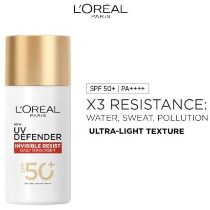 LOreal Paris Uv Defender Invisible Resist Daily Sunscreen Spf50+ Pa++++ 50Ml | Lightweight, Waterproof, Sweatproof & Protects From Pollution & Dust