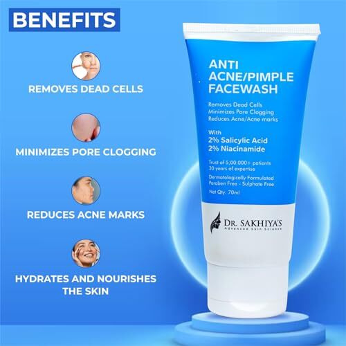 Dr. Sakhiya's Anti Acne/Pimple Face Cleanser - With 2% Salicylic Acid And 5% Niacinamide 70Ml(Pack Of 1) / Anti-Acne Cleanser For Face/Paraben & Fragrance-Free