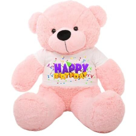 Hug'N'Feel Soft Toys Big Teddy Bear Wearing Happy Birthday T-Shirt 3 Feet Pink_T Shirt_Happy Birthday Plush & Stuffed Toys