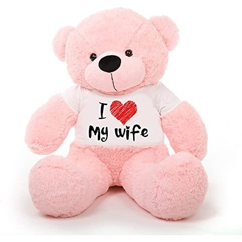 Hug 'N' Feel Soft Toys Big Teddy Bear 3 Feet Long Wearing A I Love My Wife T-Shirt Plush & Stuffed Toys (Bear 121 Cm) With Free Heart Shape Pillow Pink