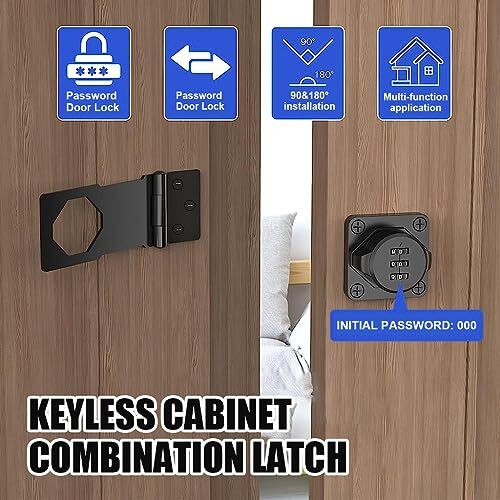 Hasthip Household Password Hasp Lock, Cabinet Door Combination Lock, Security Slide Latch For Small Doors, Cabinets, Barn, Bathroom, Outdoor, Garden (Black)