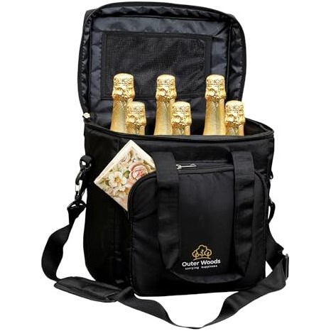 Outer Woods Insulated 6 Bottle Cooler Bag | With 6 Units Of Ice Gel Packs | Wine Cooler Bags | Beer Cooler Bag | Insulated Bag | Fits 6 Full Size Bottles - Black