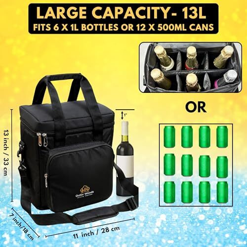 Outer Woods Insulated 6 Bottle Cooler Bag | With 6 Units Of Ice Gel Packs | Wine Cooler Bags | Beer Cooler Bag | Insulated Bag | Fits 6 Full Size Bottles - Black