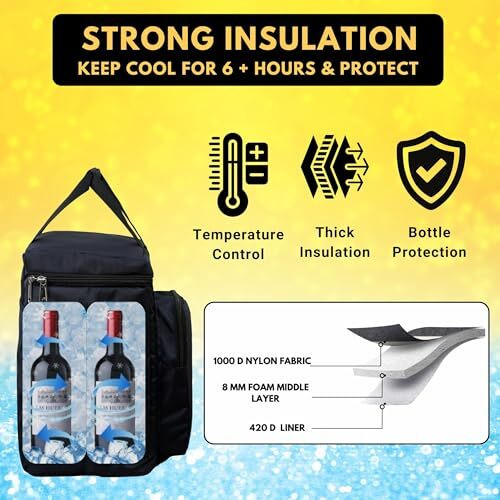 Outer Woods Insulated 6 Bottle Cooler Bag | With 6 Units Of Ice Gel Packs | Wine Cooler Bags | Beer Cooler Bag | Insulated Bag | Fits 6 Full Size Bottles - Black