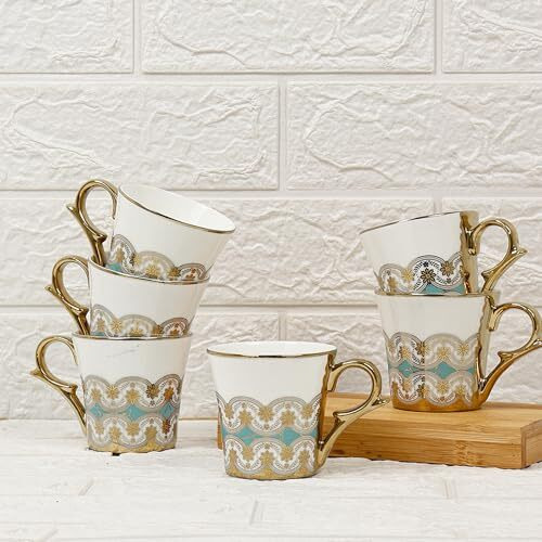 Femora Golden Royal Turquoise Pattern Tea Mugs, Ceramic Tea Cups, Coffee Mugs (180 Ml, Golden) - 6 Pcs Set (Not Microwave Safe)