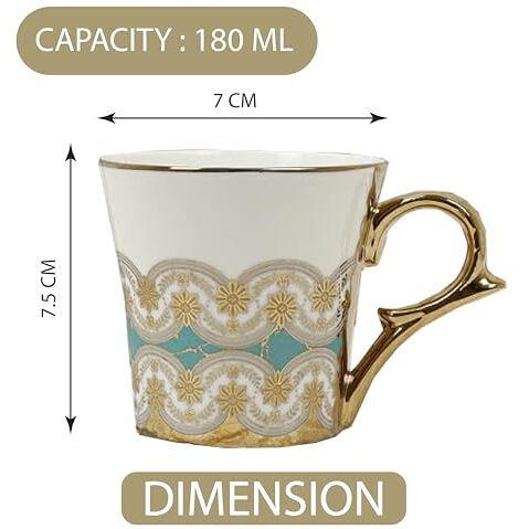 Femora Golden Royal Turquoise Pattern Tea Mugs, Ceramic Tea Cups, Coffee Mugs (180 Ml, Golden) - 6 Pcs Set (Not Microwave Safe)