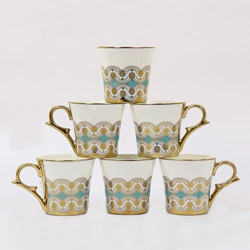 Femora Golden Royal Turquoise Pattern Tea Mugs, Ceramic Tea Cups, Coffee Mugs (180 Ml, Golden) - 6 Pcs Set (Not Microwave Safe)