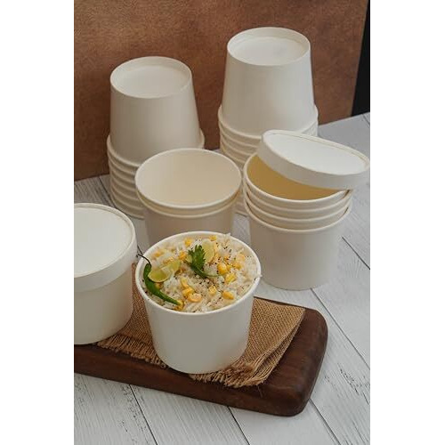 Paricott 500Ml Paper Food Container Bowl/Tub With Lid/Paper Bowl/Paper Container With Paper Lids (Pack Of 25Pcs White)