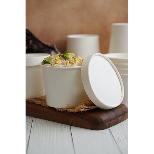 Paricott 500Ml Paper Food Container Bowl/Tub With Lid/Paper Bowl/Paper Container With Paper Lids (Pack Of 25Pcs White)
