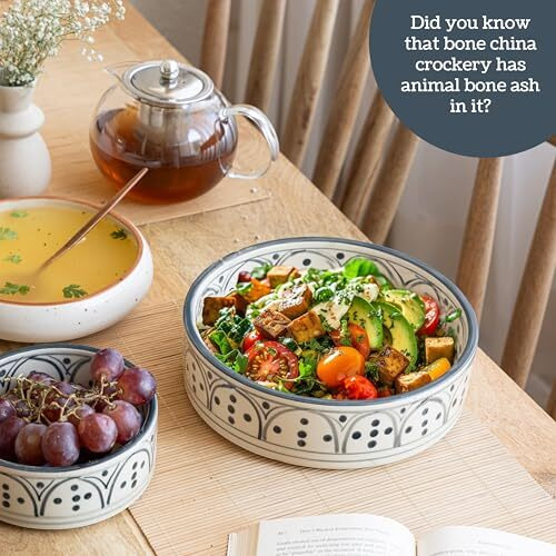 Claymistry Ceramic Ivory With Green Print Bowl, Set Of 1 | 23Cm * 23Cm * 7Cm | Glossy Finish | Dishwasher, Oven & Microwave Safe | Salad, Fruit, Soup, Dessert Bowl | Premium Kitchen Crockery