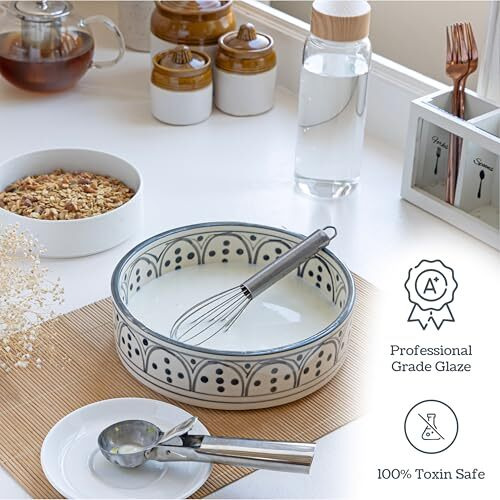 Claymistry Ceramic Ivory With Green Print Bowl, Set Of 1 | 23Cm * 23Cm * 7Cm | Glossy Finish | Dishwasher, Oven & Microwave Safe | Salad, Fruit, Soup, Dessert Bowl | Premium Kitchen Crockery