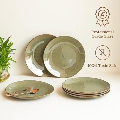 Claymistry Ceramic Dinner & Snacks Olive Green With Reddish Brown Edge Plate, | 26Cm * 26Cm * 3Cm | Glossy Finish | Dishwasher, Oven & Microwave Safe | Dinnerware Serving Thali | Premium Crockery