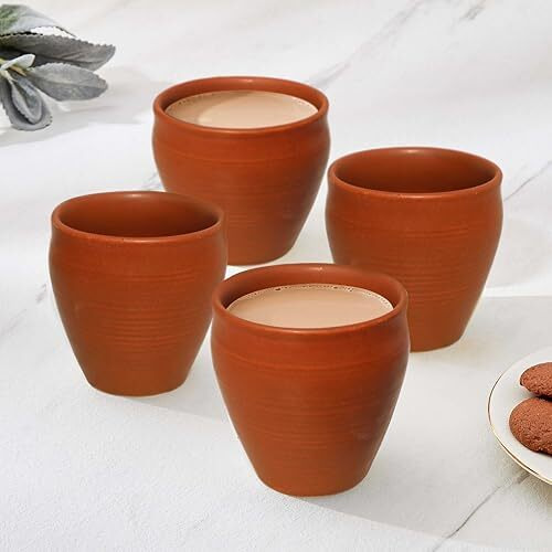 Pure Source India Clay Tea Kulhad Coffee Mugs - 4 Pieces, Brown, 200Ml